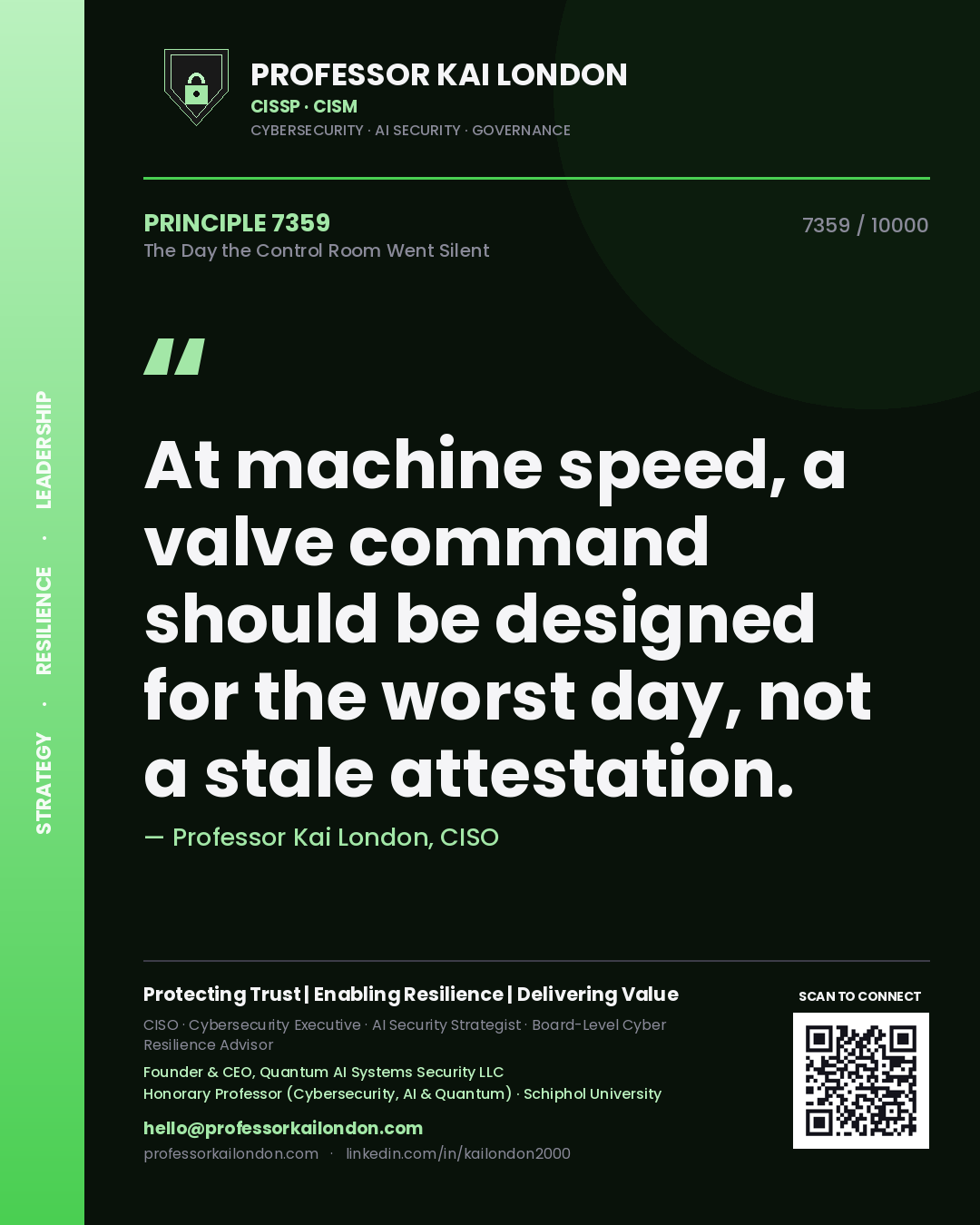 Quote card by Professor Kai London reading 'At machine speed, a valve command should be designed for the worst day, not a stale attestation.'. From the book The Day the Control Room Went Silent.