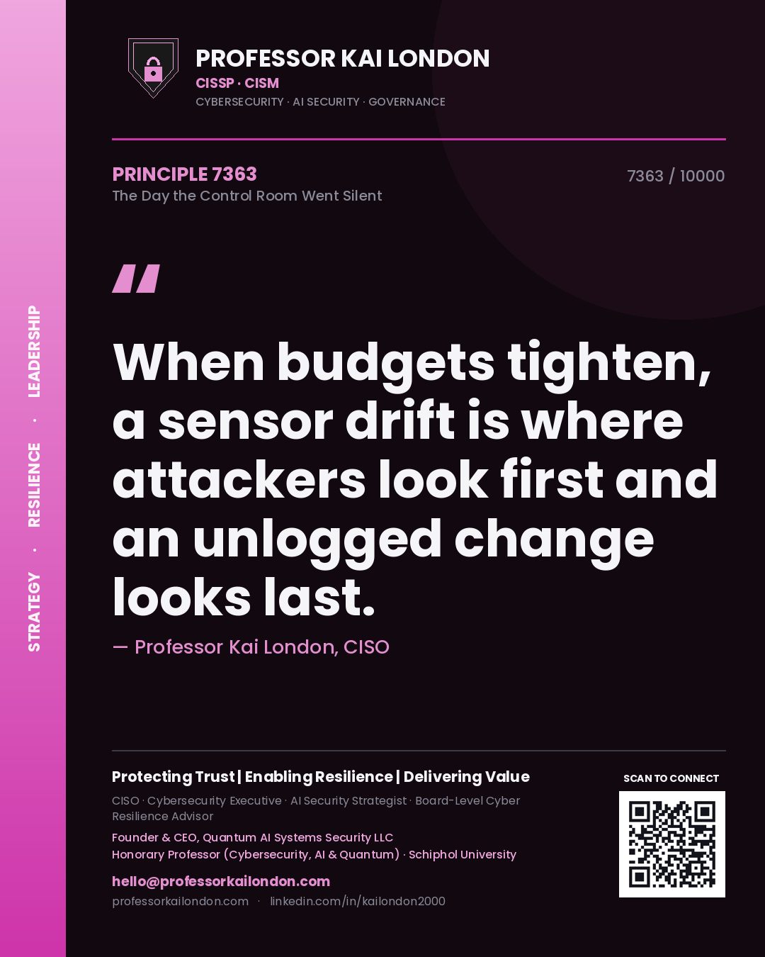 Quote card by Professor Kai London reading 'When budgets tighten, a sensor drift is where attackers look first and an unlogged change looks last.'. From the book The Day the Control Room Went Silent.