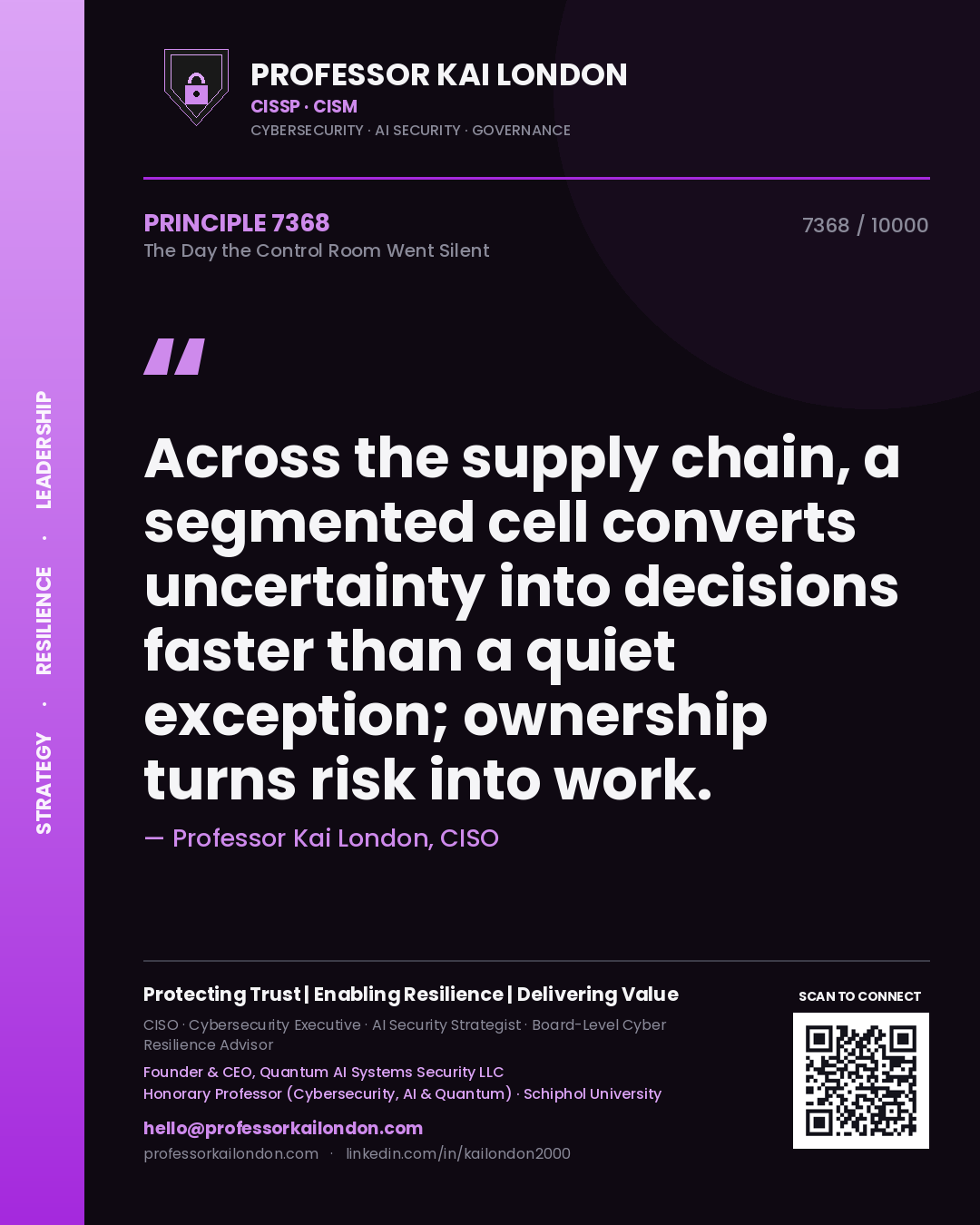 Quote card by Professor Kai London reading 'Across the supply chain, a segmented cell converts uncertainty into decisions faster than a quiet exception; ownership turns risk into work.'. From the book The Day the Control Room Went Silent.