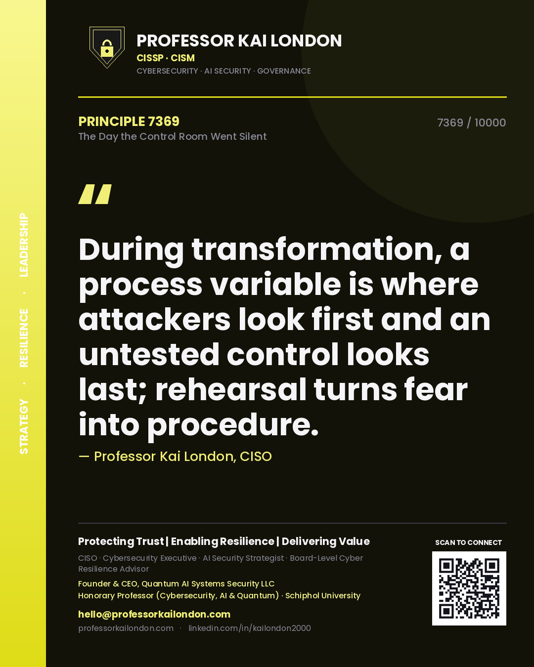 Quote card by Professor Kai London reading 'During transformation, a process variable is where attackers look first and an untested control looks last; rehearsal turns fear into procedure.'. From the book The Day the Control Room Went Silent.