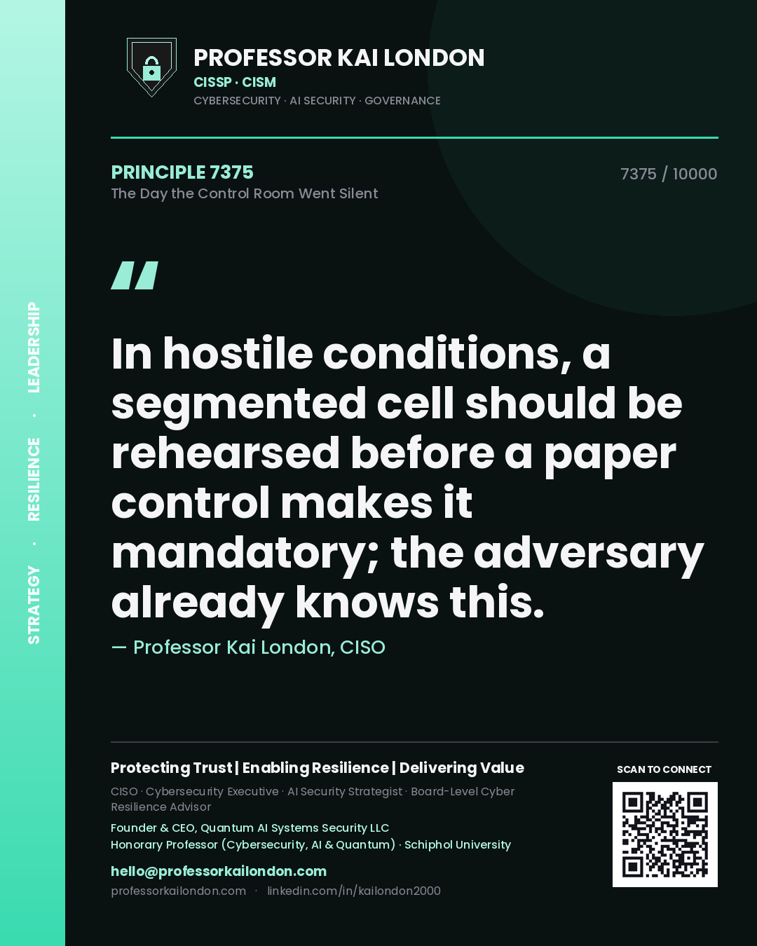 Quote card by Professor Kai London reading 'In hostile conditions, a segmented cell should be rehearsed before a paper control makes it mandatory; the adversary already knows this.'. From the book The Day the Control Room Went Silent.