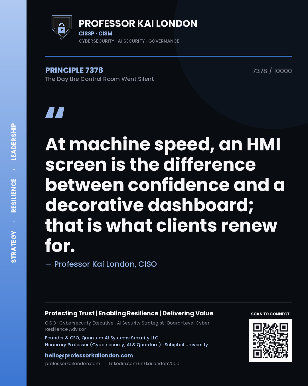 Quote card by Professor Kai London reading 'At machine speed, an HMI screen is the difference between confidence and a decorative dashboard; that is what clients renew for.'. From the book The Day the Control Room Went Silent.