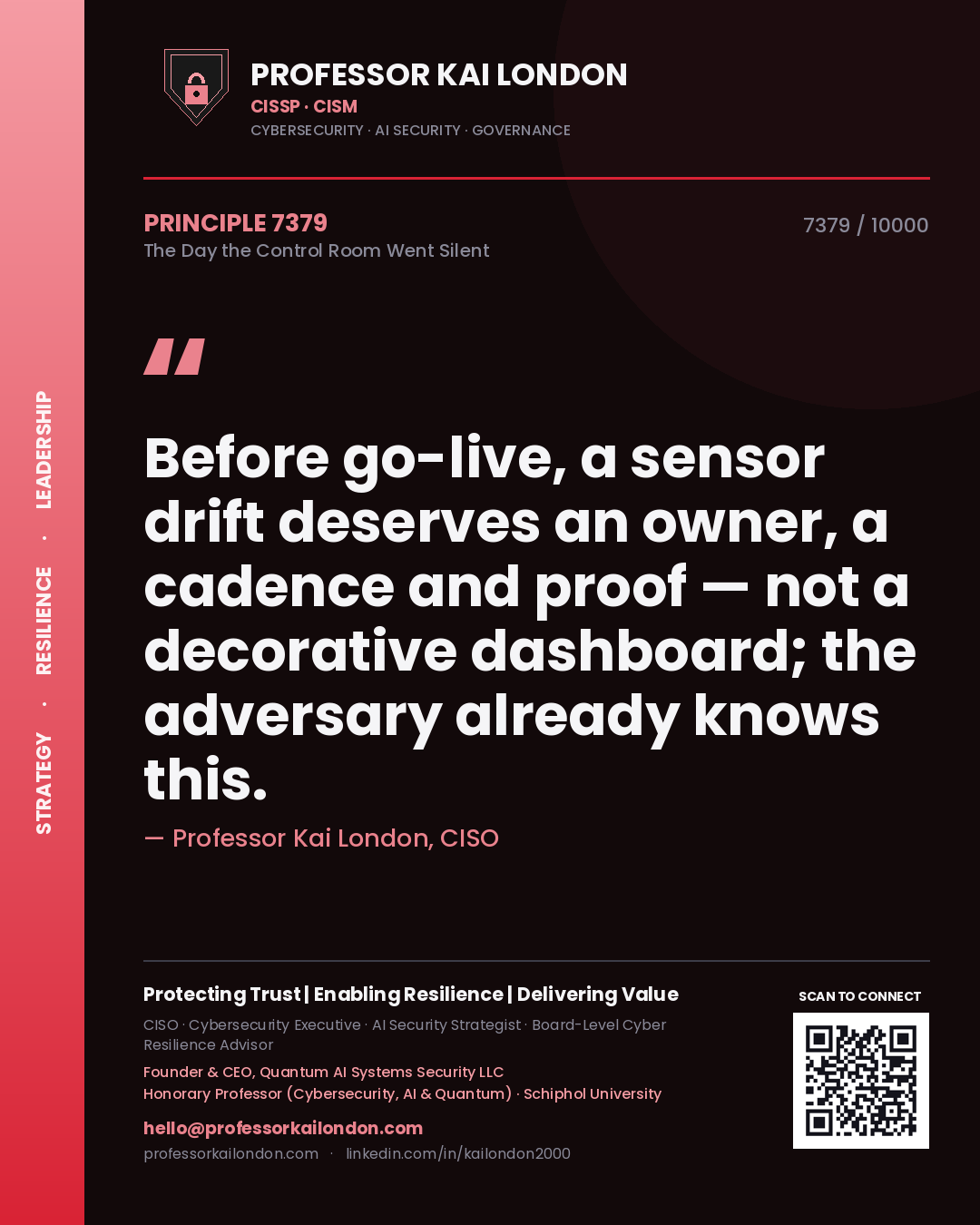 Quote card by Professor Kai London reading 'Before go-live, a sensor drift deserves an owner, a cadence and proof — not a decorative dashboard; the adversary already knows this.'. From the book The Day the Control Room Went Silent.