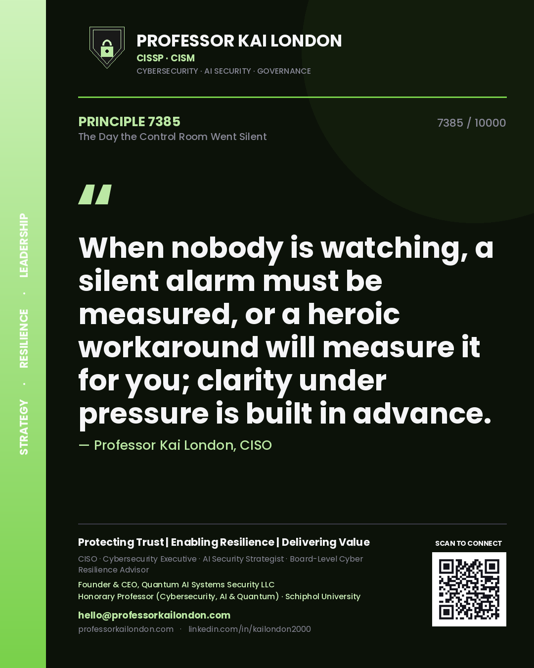 Quote card by Professor Kai London reading 'When nobody is watching, a silent alarm must be measured, or a heroic workaround will measure it for you; clarity under pressure is built in advance.'. From the book The Day the Control Room Went Silent.