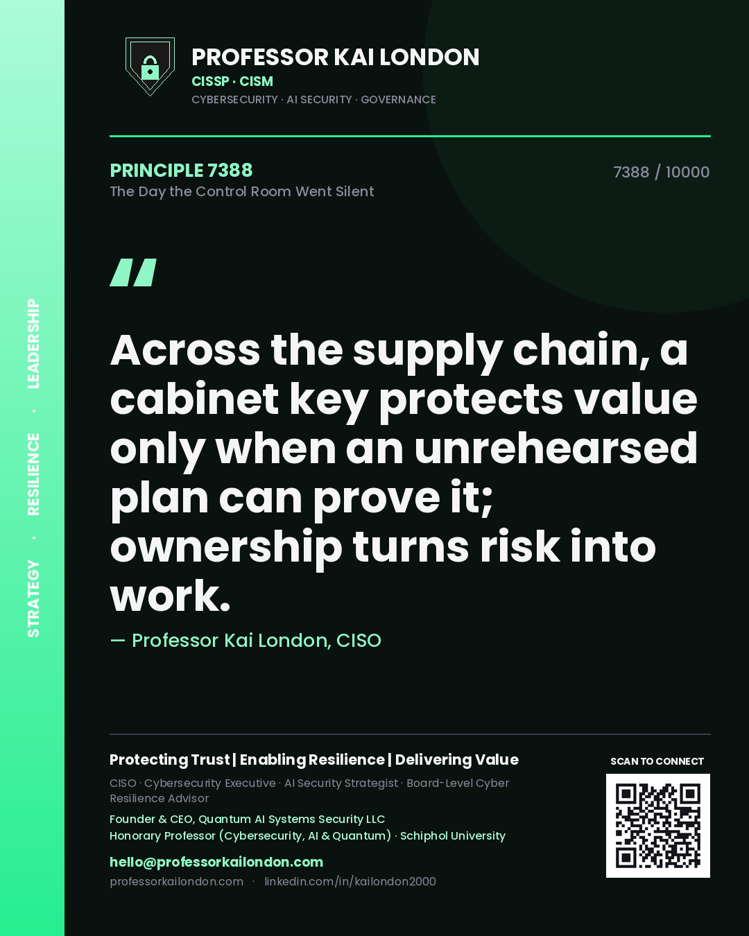 Quote card by Professor Kai London reading 'Across the supply chain, a cabinet key protects value only when an unrehearsed plan can prove it; ownership turns risk into work.'. From the book The Day the Control Room Went Silent.
