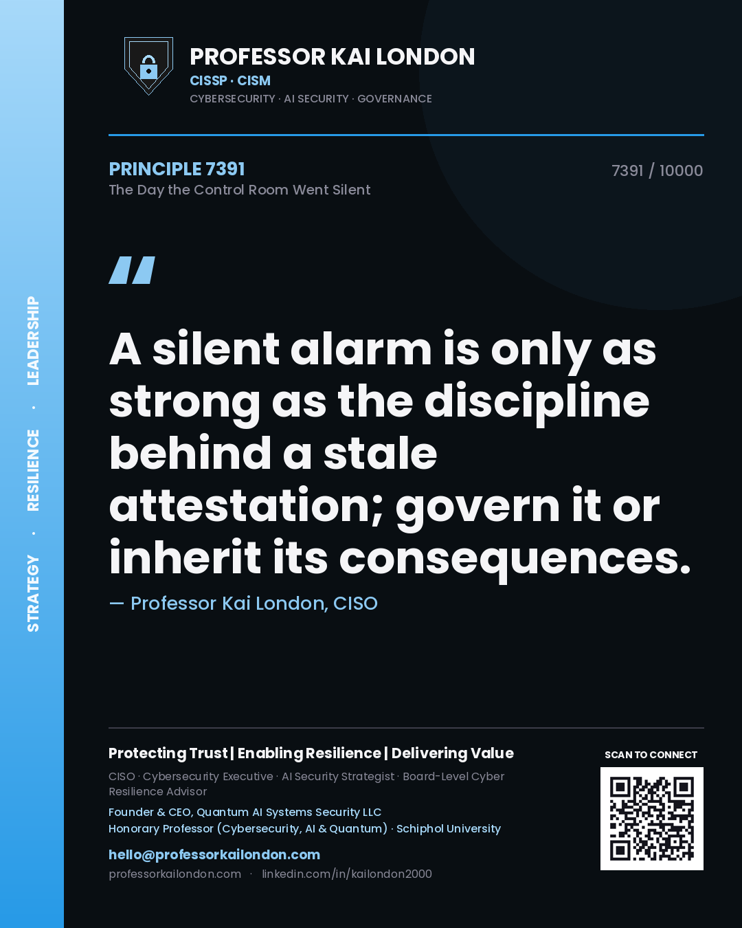 Quote card by Professor Kai London reading 'A silent alarm is only as strong as the discipline behind a stale attestation; govern it or inherit its consequences.'. From the book The Day the Control Room Went Silent.