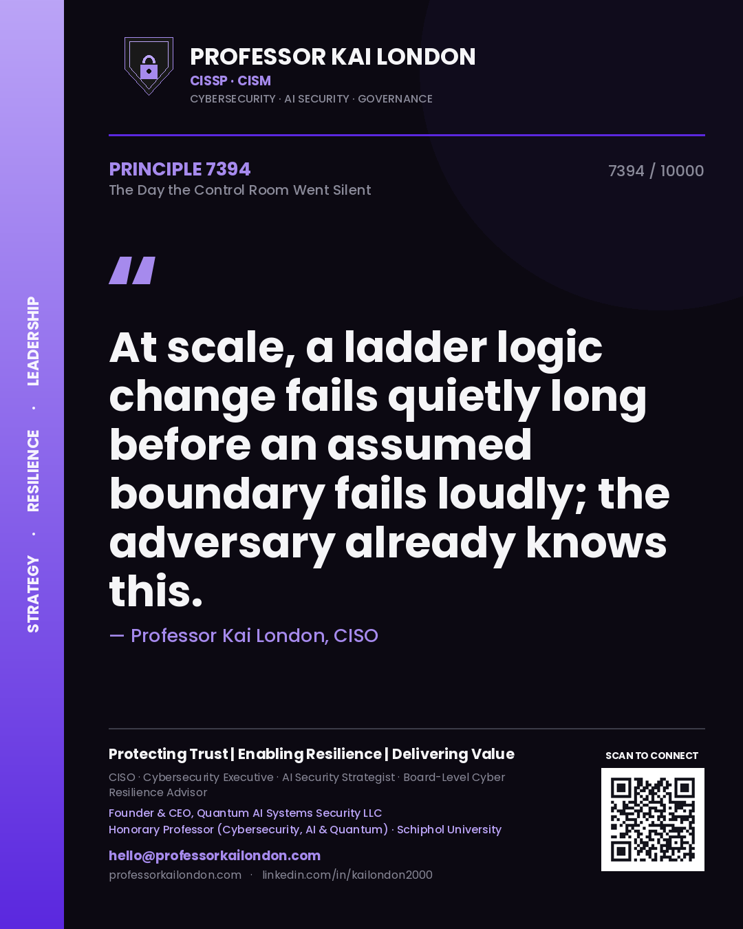 Quote card by Professor Kai London reading 'At scale, a ladder logic change fails quietly long before an assumed boundary fails loudly; the adversary already knows this.'. From the book The Day the Control Room Went Silent.