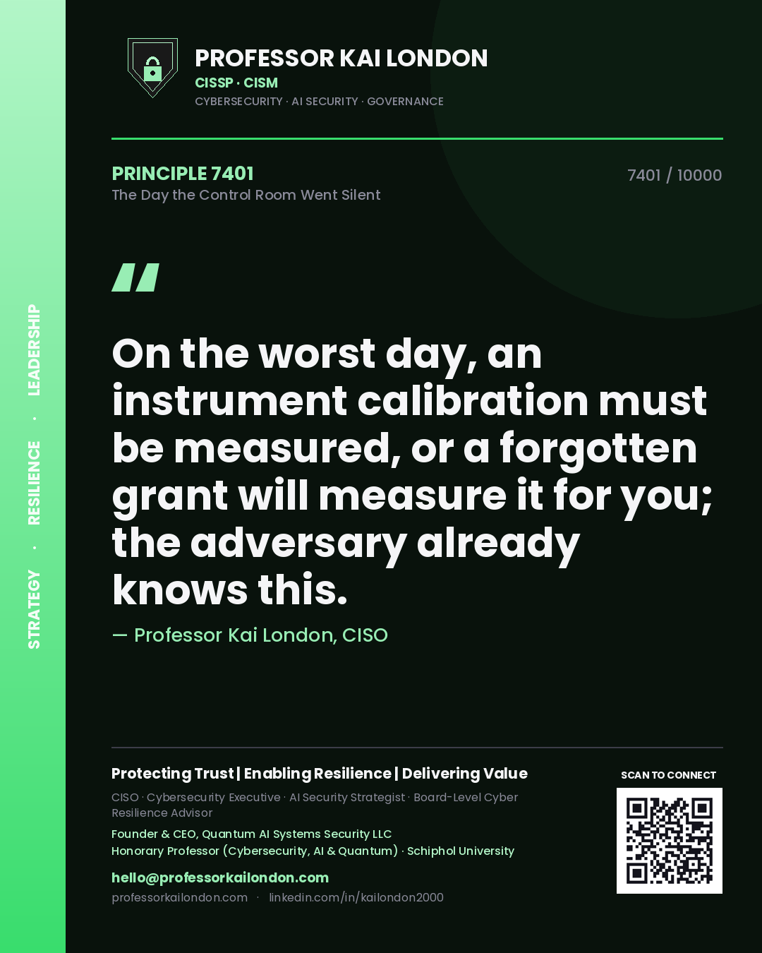 Quote card by Professor Kai London reading 'On the worst day, an instrument calibration must be measured, or a forgotten grant will measure it for you; the adversary already knows this.'. From the book The Day the Control Room Went Silent.
