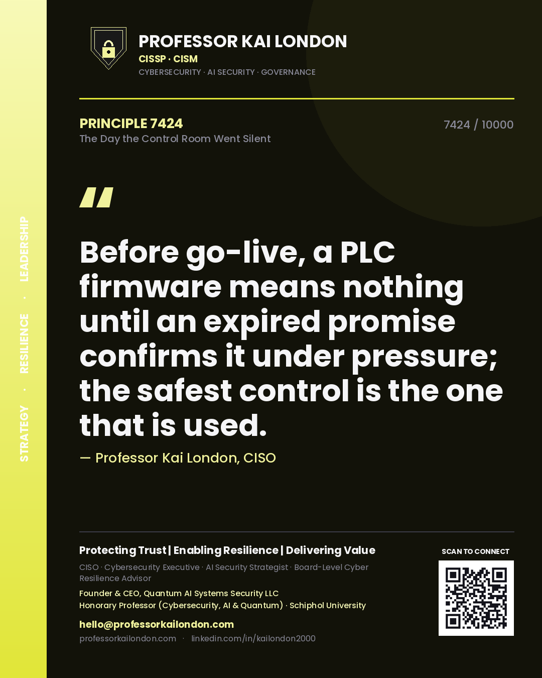 Professor Kai London principle 7424: Before go-live, a PLC firmware means nothing until an expired promise confirms it under pressure; the safest control is the one that is used.