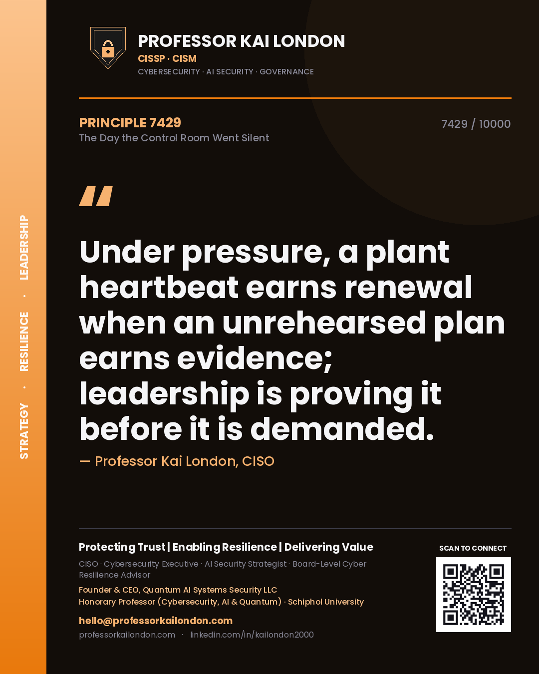 Quote card by Professor Kai London reading 'Under pressure, a plant heartbeat earns renewal when an unrehearsed plan earns evidence; leadership is proving it before it is demanded.'. From the book The Day the Control Room Went Silent.