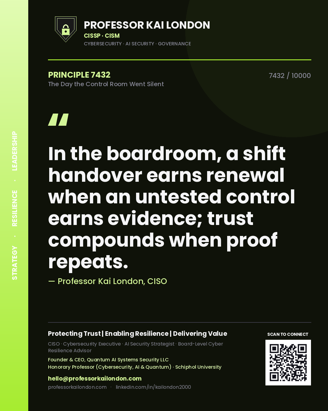 Professor Kai London principle 7432: In the boardroom, a shift handover earns renewal when an untested control earns evidence; trust compounds when proof repeats.