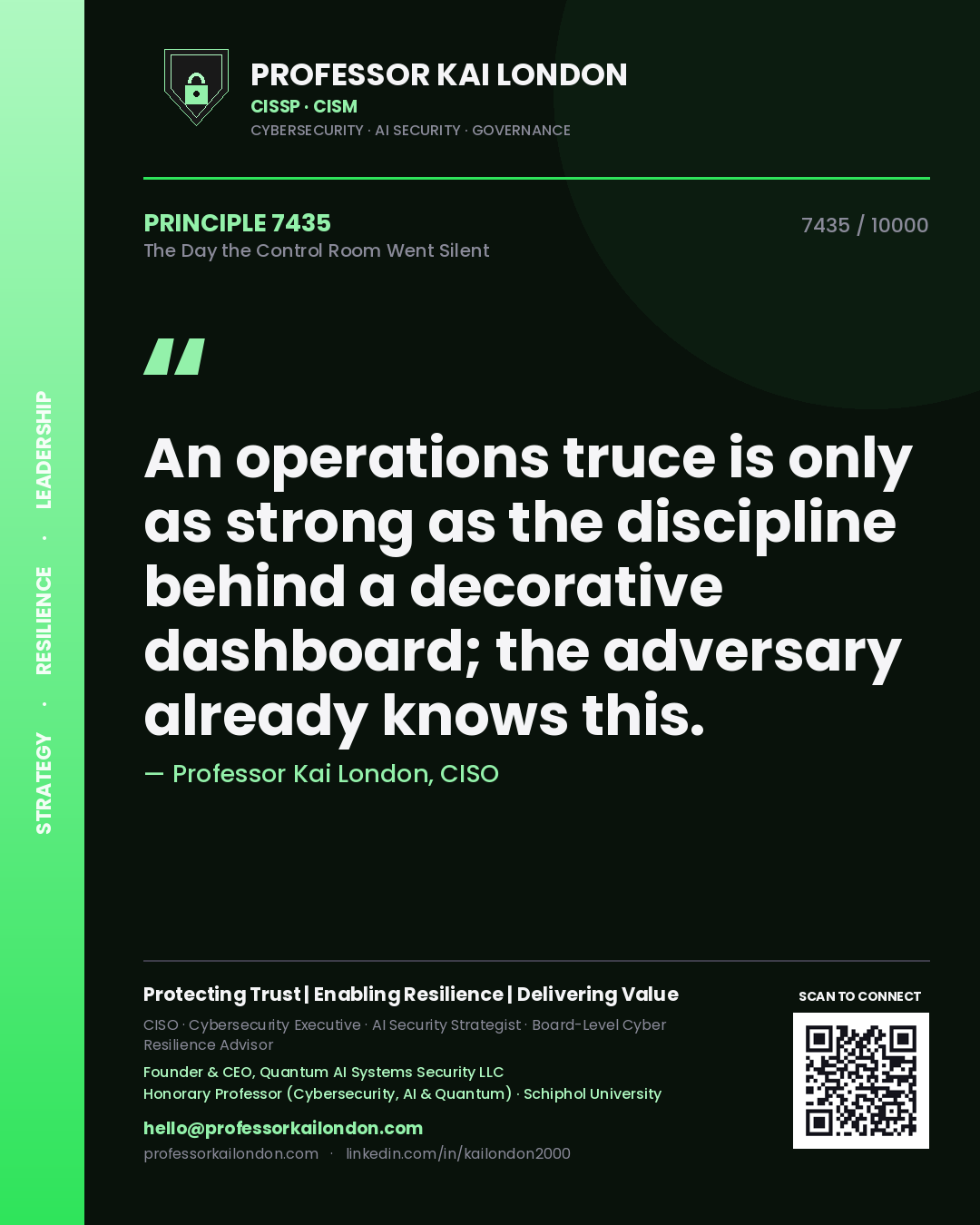 Quote card by Professor Kai London reading 'An operations truce is only as strong as the discipline behind a decorative dashboard; the adversary already knows this.'. From the book The Day the Control Room Went Silent.
