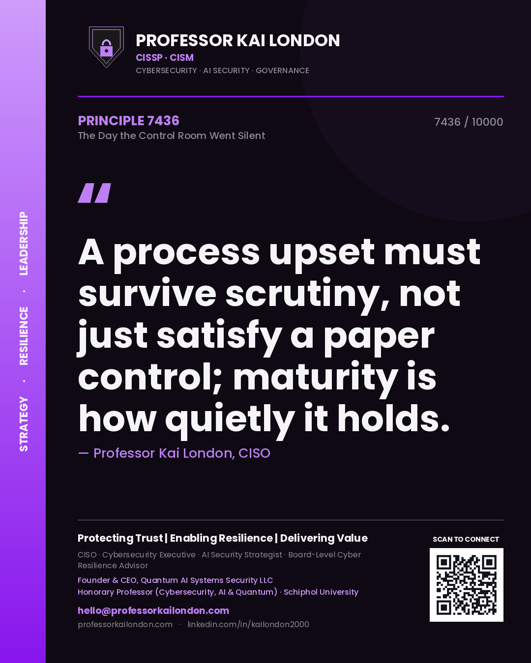 Quote card by Professor Kai London reading 'A process upset must survive scrutiny, not just satisfy a paper control; maturity is how quietly it holds.'. From the book The Day the Control Room Went Silent.