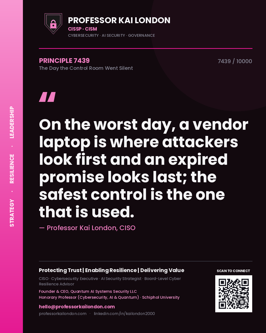 Professor Kai London principle 7439: On the worst day, a vendor laptop is where attackers look first and an expired promise looks last; the safest control is the one that is used.