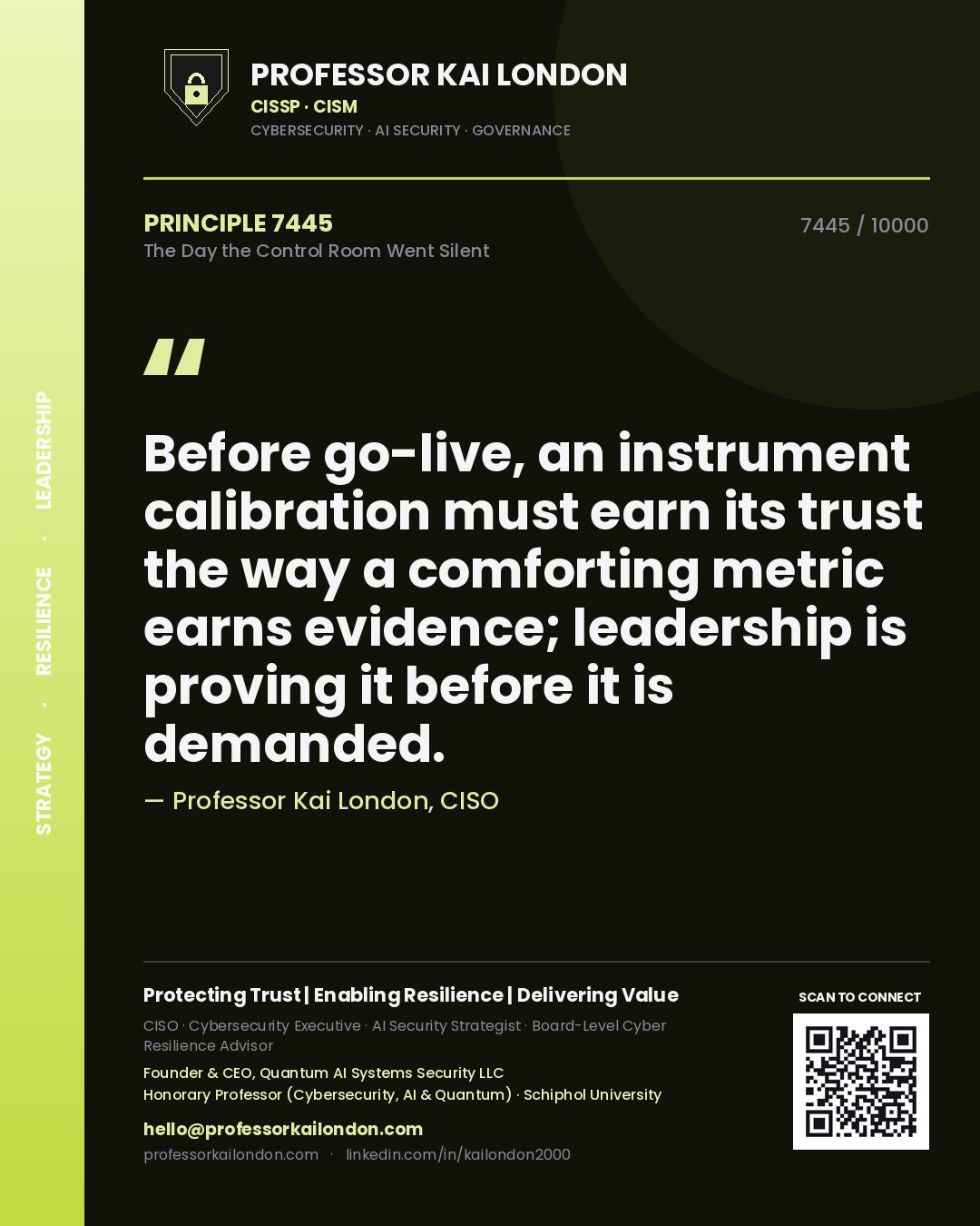Quote card by Professor Kai London reading 'Before go-live, an instrument calibration must earn its trust the way a comforting metric earns evidence; leadership is proving it before it is demanded.'. From the book The Day the Control Room Went Silent.
