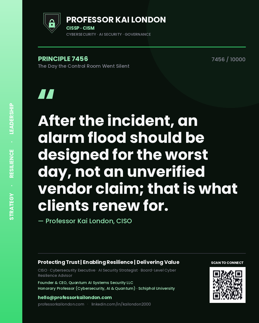 Quote card by Professor Kai London reading 'After the incident, an alarm flood should be designed for the worst day, not an unverified vendor claim; that is what clients renew for.'. From the book The Day the Control Room Went Silent.