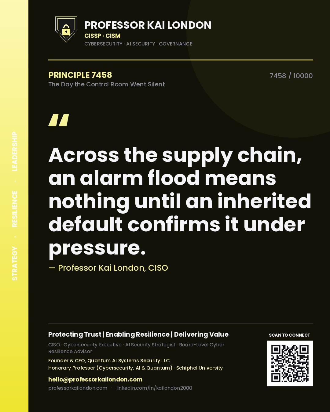 Quote card by Professor Kai London reading 'Across the supply chain, an alarm flood means nothing until an inherited default confirms it under pressure.'. From the book The Day the Control Room Went Silent.