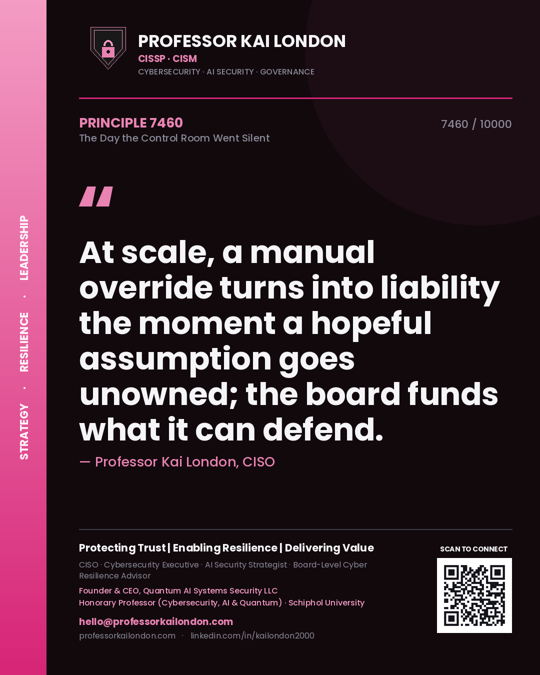 Quote card by Professor Kai London reading 'At scale, a manual override turns into liability the moment a hopeful assumption goes unowned; the board funds what it can defend.'. From the book The Day the Control Room Went Silent.