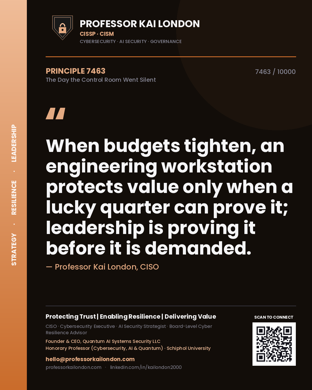 Professor Kai London principle 7463: When budgets tighten, an engineering workstation protects value only when a lucky quarter can prove it; leadership is proving it before it is demanded.