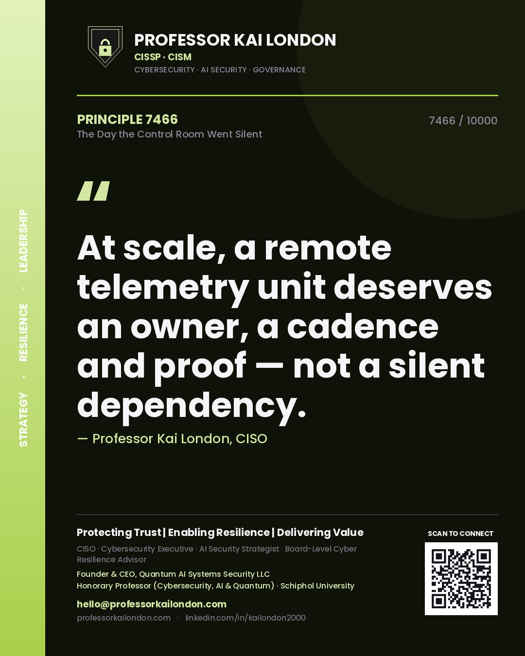 Professor Kai London principle 7466: At scale, a remote telemetry unit deserves an owner, a cadence and proof — not a silent dependency.