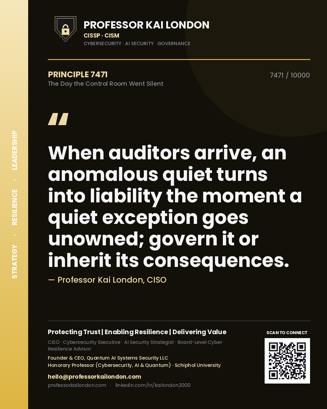 Professor Kai London principle 7471: When auditors arrive, an anomalous quiet turns into liability the moment a quiet exception goes unowned; govern it or inherit its consequences.