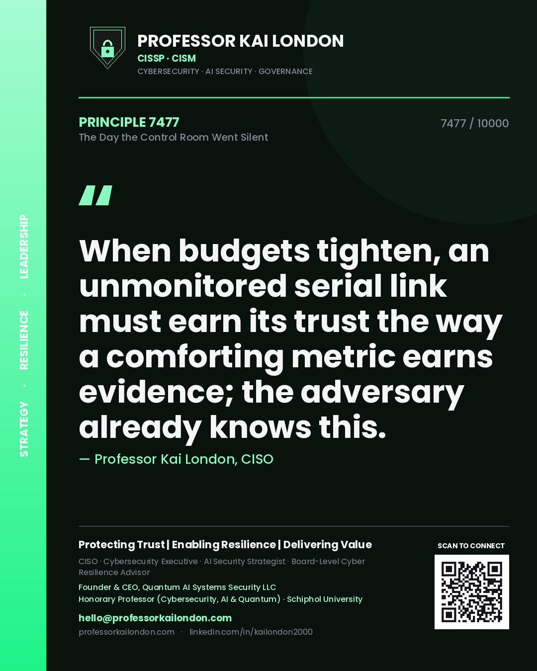 Quote card by Professor Kai London reading 'When budgets tighten, an unmonitored serial link must earn its trust the way a comforting metric earns evidence; the adversary already knows this.'. From the book The Day the Control Room Went Silent.
