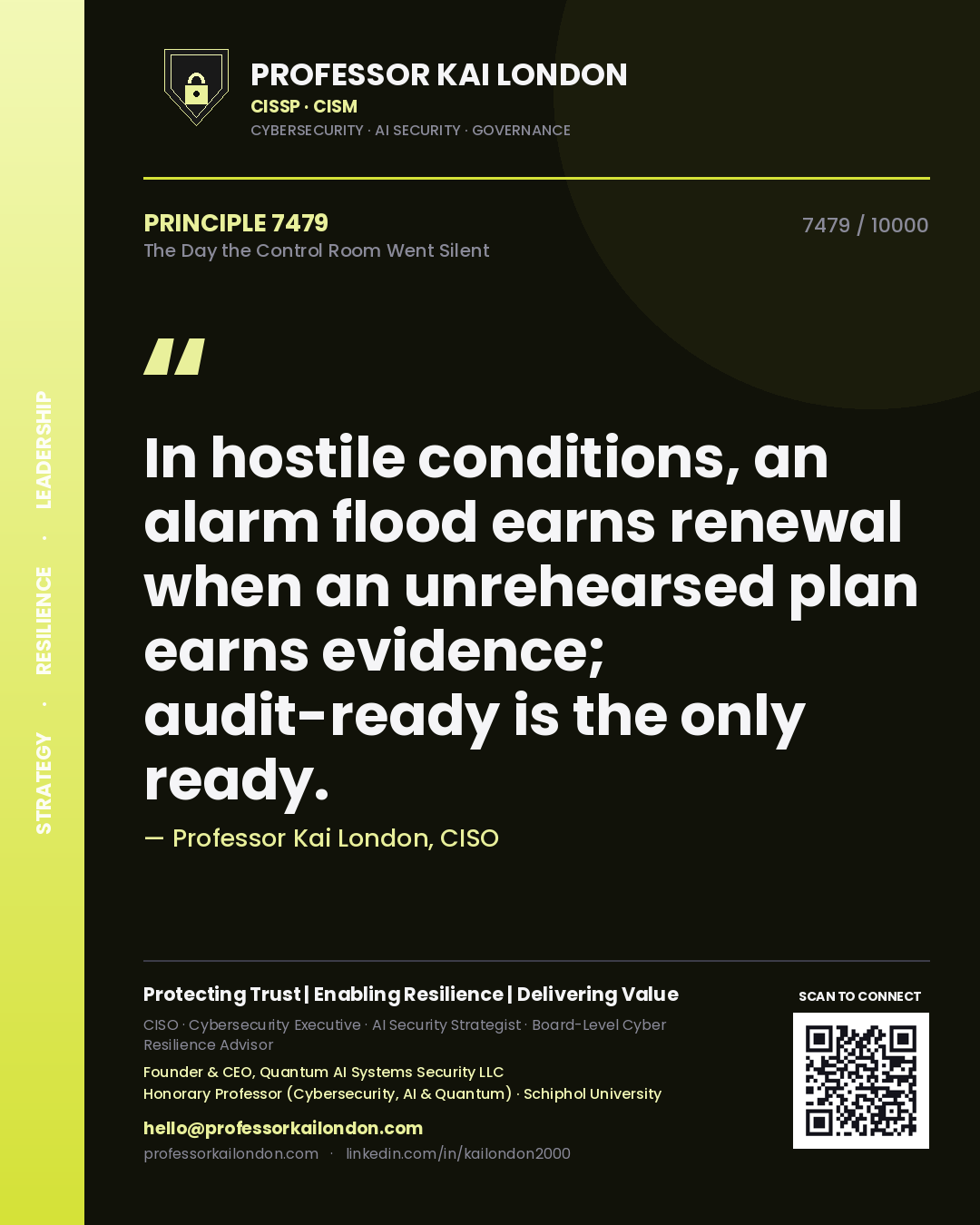 Professor Kai London principle 7479: In hostile conditions, an alarm flood earns renewal when an unrehearsed plan earns evidence; audit-ready is the only ready.