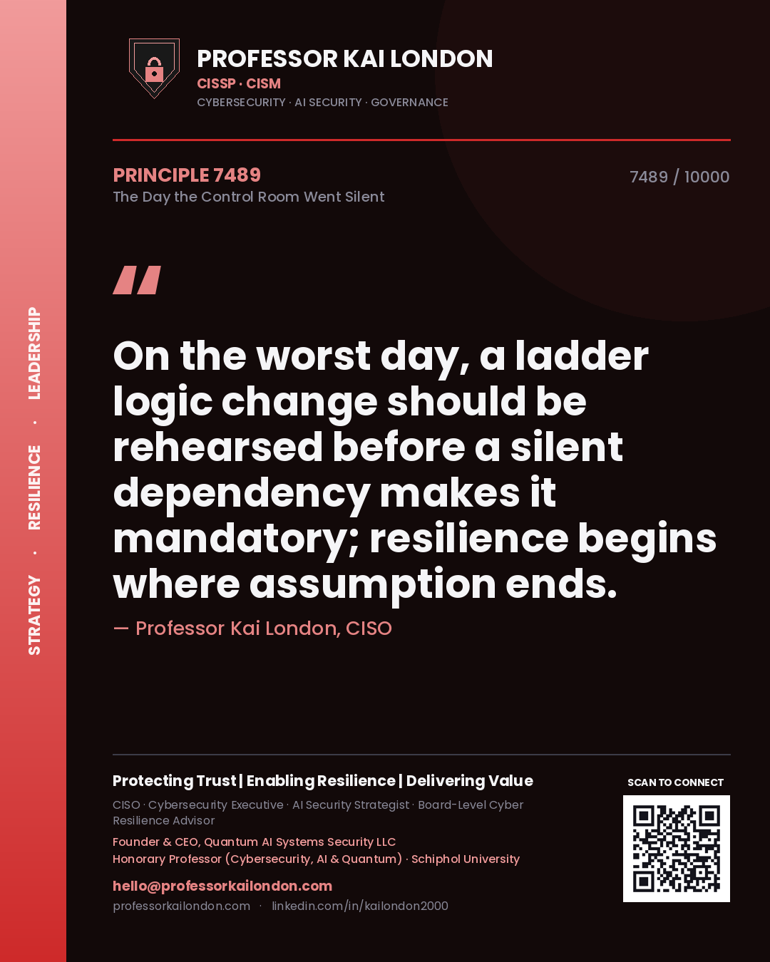 Professor Kai London principle 7489: On the worst day, a ladder logic change should be rehearsed before a silent dependency makes it mandatory; resilience begins where assumption ends.