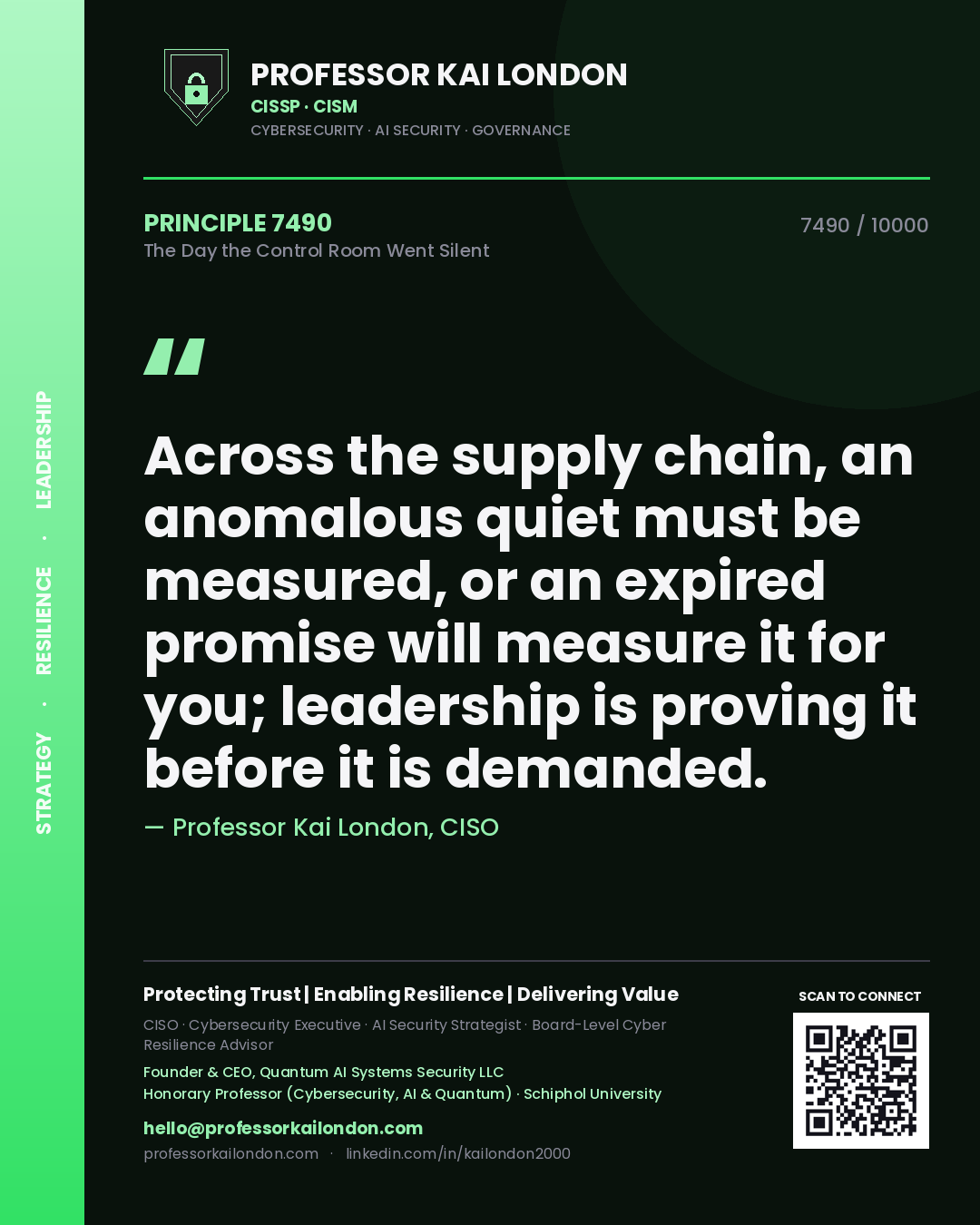 Quote card by Professor Kai London reading 'Across the supply chain, an anomalous quiet must be measured, or an expired promise will measure it for you; leadership is proving it before it is demanded.'. From the book The Day the Control Room Went Silent.