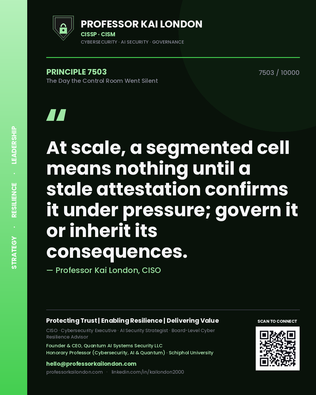 Quote card by Professor Kai London reading 'At scale, a segmented cell means nothing until a stale attestation confirms it under pressure; govern it or inherit its consequences.'. From the book The Day the Control Room Went Silent.