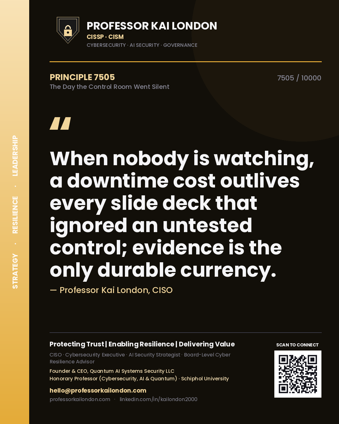 Quote card by Professor Kai London reading 'When nobody is watching, a downtime cost outlives every slide deck that ignored an untested control; evidence is the only durable currency.'. From the book The Day the Control Room Went Silent.