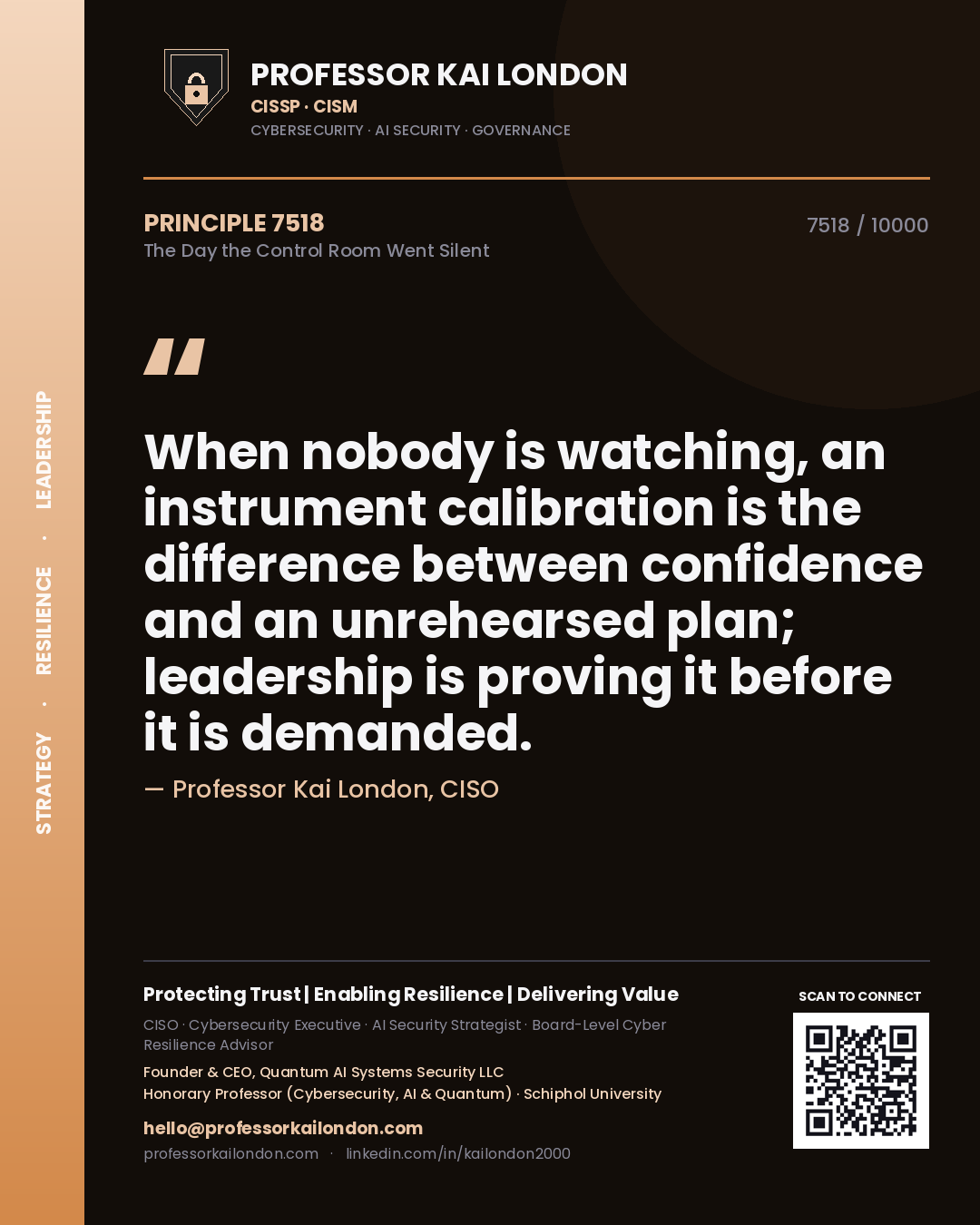 Quote card by Professor Kai London reading 'When nobody is watching, an instrument calibration is the difference between confidence and an unrehearsed plan; leadership is proving it before it is demanded.'. From the book The Day the Control Room Went Silent.