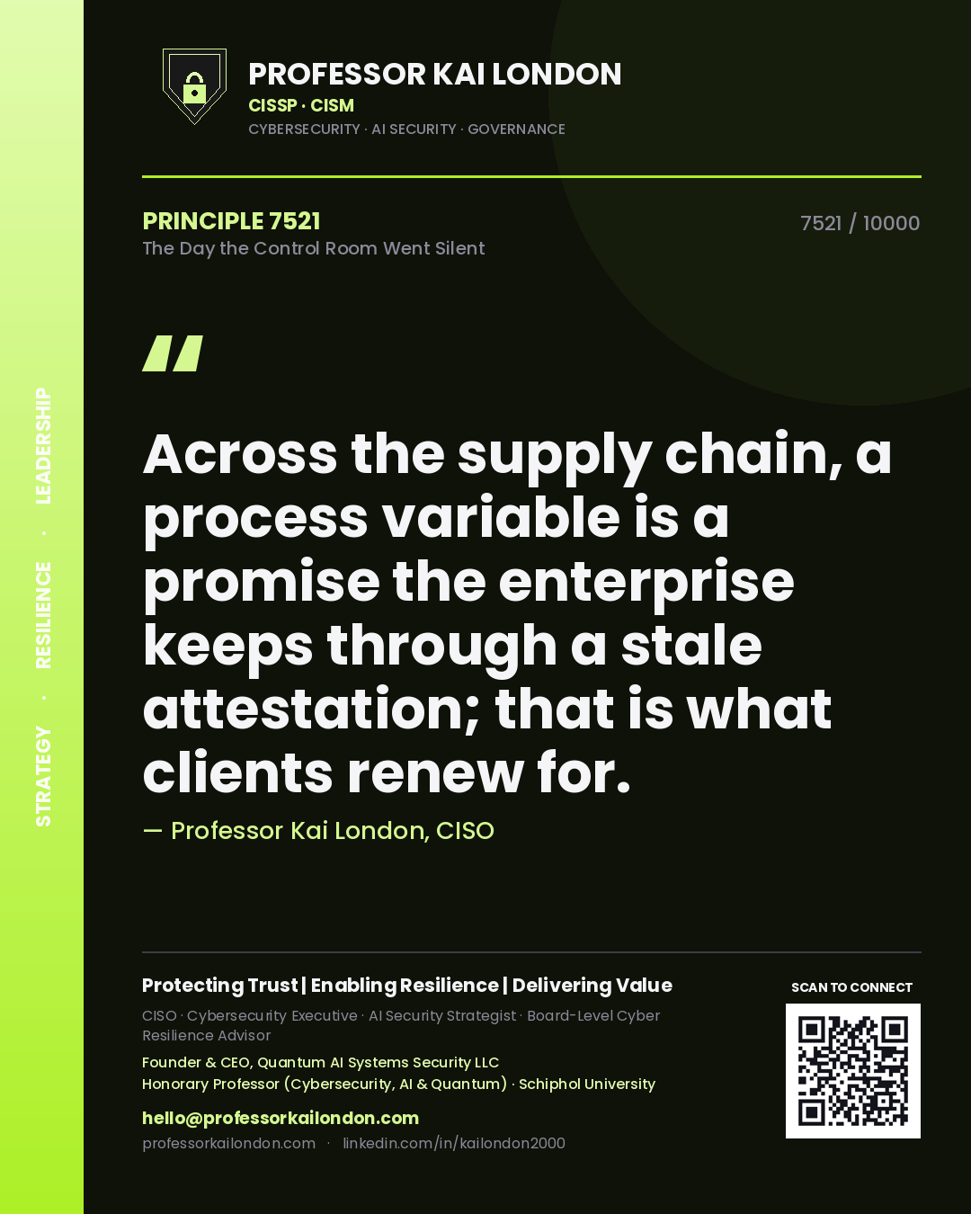 Quote card by Professor Kai London reading 'Across the supply chain, a process variable is a promise the enterprise keeps through a stale attestation; that is what clients renew for.'. From the book The Day the Control Room Went Silent.
