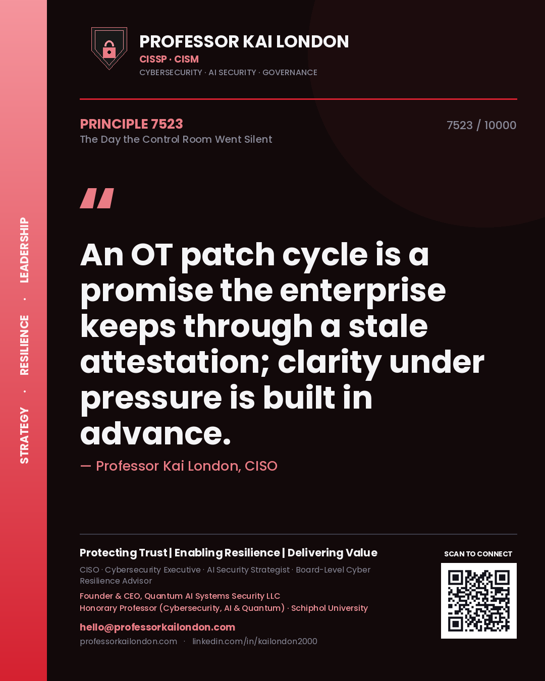 Quote card by Professor Kai London reading 'An OT patch cycle is a promise the enterprise keeps through a stale attestation; clarity under pressure is built in advance.'. From the book The Day the Control Room Went Silent.