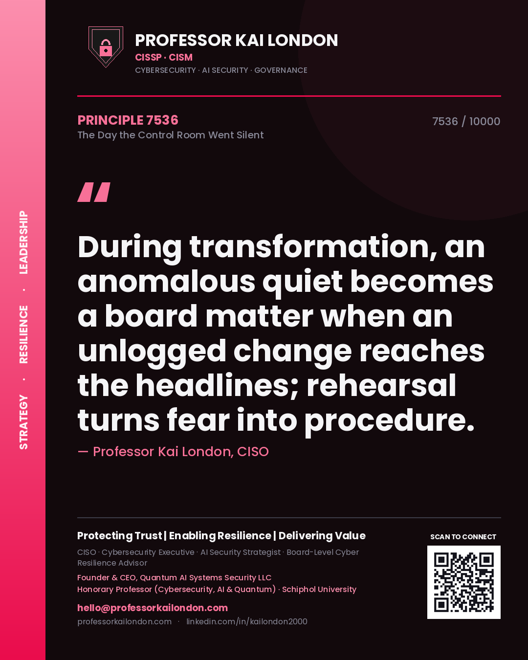 Quote card by Professor Kai London reading 'During transformation, an anomalous quiet becomes a board matter when an unlogged change reaches the headlines; rehearsal turns fear into procedure.'. From the book The Day the Control Room Went Silent.