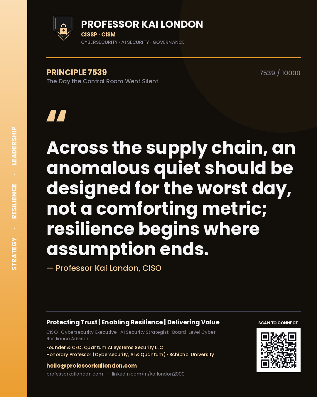 Quote card by Professor Kai London reading 'Across the supply chain, an anomalous quiet should be designed for the worst day, not a comforting metric; resilience begins where assumption ends.'. From the book The Day the Control Room Went Silent.