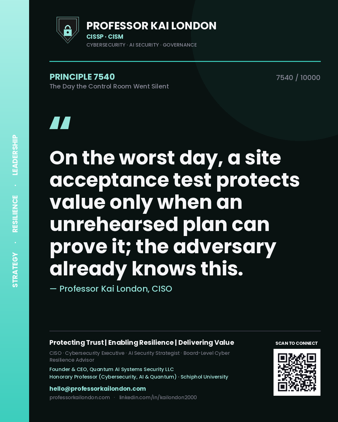 Professor Kai London principle 7540: On the worst day, a site acceptance test protects value only when an unrehearsed plan can prove it; the adversary already knows this.
