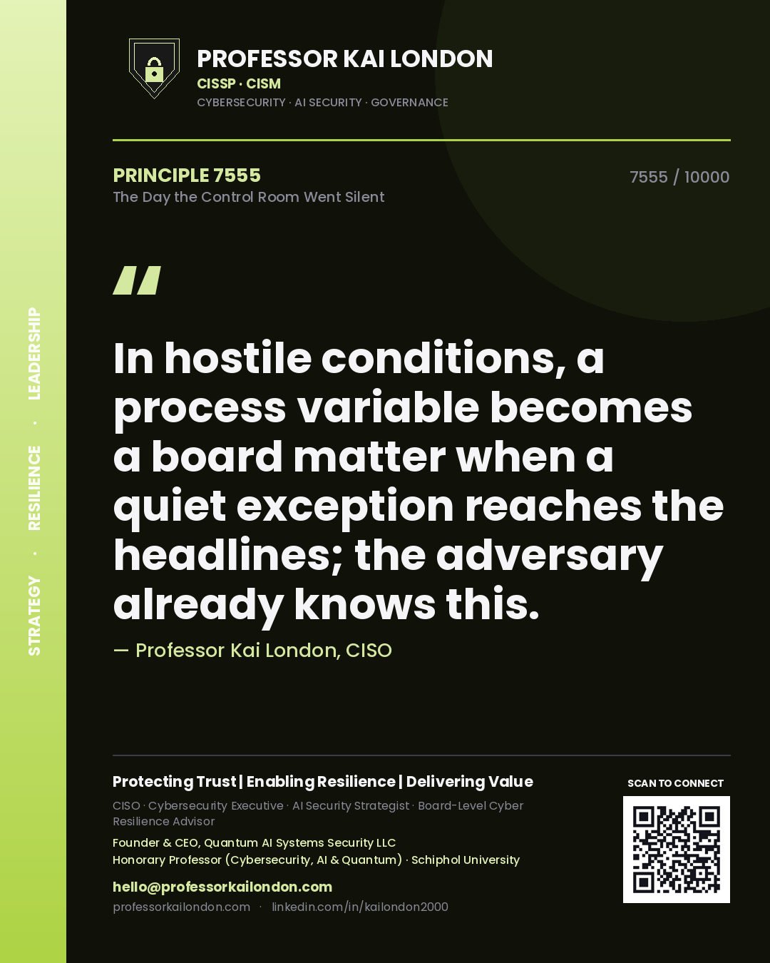 Quote card by Professor Kai London reading 'In hostile conditions, a process variable becomes a board matter when a quiet exception reaches the headlines; the adversary already knows this.'. From the book The Day the Control Room Went Silent.
