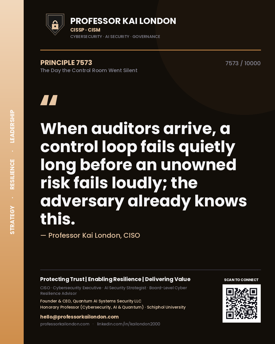 Quote card by Professor Kai London reading 'When auditors arrive, a control loop fails quietly long before an unowned risk fails loudly; the adversary already knows this.'. From the book The Day the Control Room Went Silent.