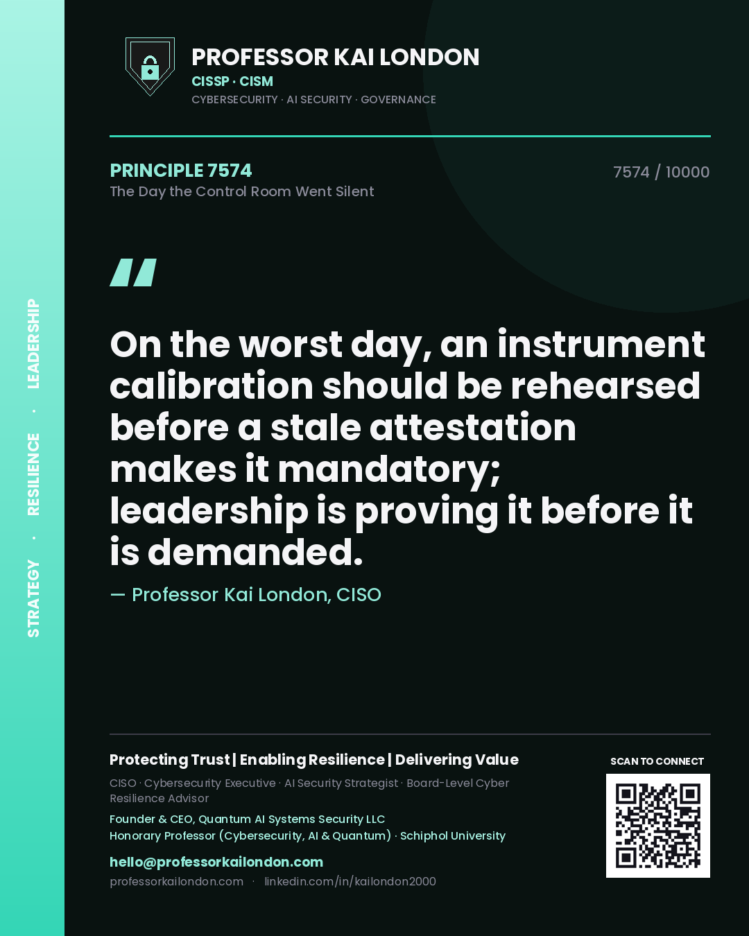 Quote card by Professor Kai London reading 'On the worst day, an instrument calibration should be rehearsed before a stale attestation makes it mandatory; leadership is proving it before it is demanded.'. From the book The Day the Control Room Went Silent.