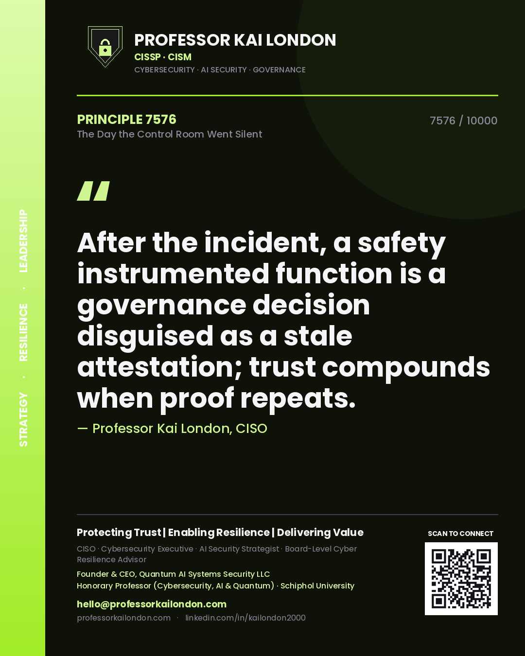 Quote card by Professor Kai London reading 'After the incident, a safety instrumented function is a governance decision disguised as a stale attestation; trust compounds when proof repeats.'. From the book The Day the Control Room Went Silent.