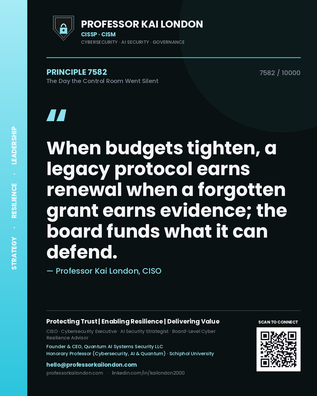 Quote card by Professor Kai London reading 'When budgets tighten, a legacy protocol earns renewal when a forgotten grant earns evidence; the board funds what it can defend.'. From the book The Day the Control Room Went Silent.