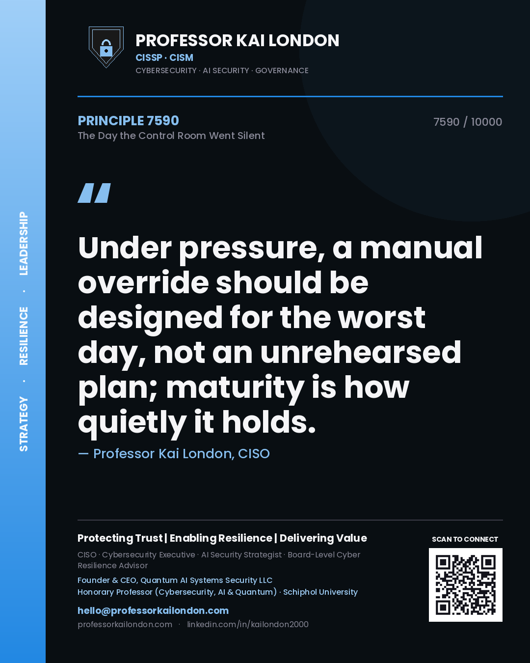 Quote card by Professor Kai London reading 'Under pressure, a manual override should be designed for the worst day, not an unrehearsed plan; maturity is how quietly it holds.'. From the book The Day the Control Room Went Silent.