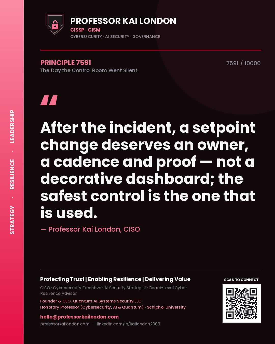 Professor Kai London principle 7591: After the incident, a setpoint change deserves an owner, a cadence and proof — not a decorative dashboard; the safest control is the one that is used.