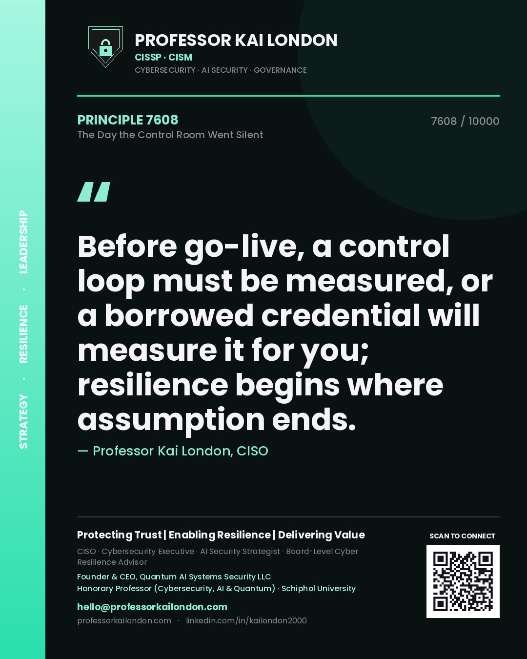 Professor Kai London principle 7608: Before go-live, a control loop must be measured, or a borrowed credential will measure it for you; resilience begins where assumption ends.