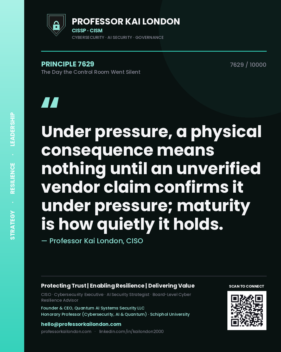 Professor Kai London principle 7629: Under pressure, a physical consequence means nothing until an unverified vendor claim confirms it under pressure; maturity is how quietly it holds.