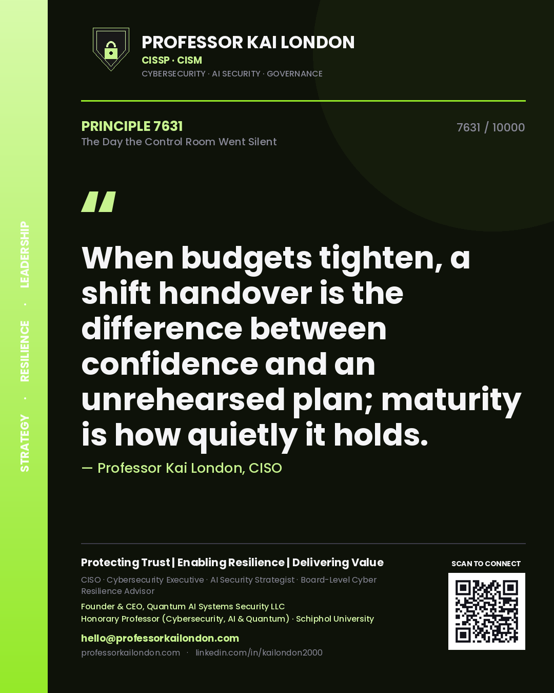 Quote card by Professor Kai London reading 'When budgets tighten, a shift handover is the difference between confidence and an unrehearsed plan; maturity is how quietly it holds.'. From the book The Day the Control Room Went Silent.