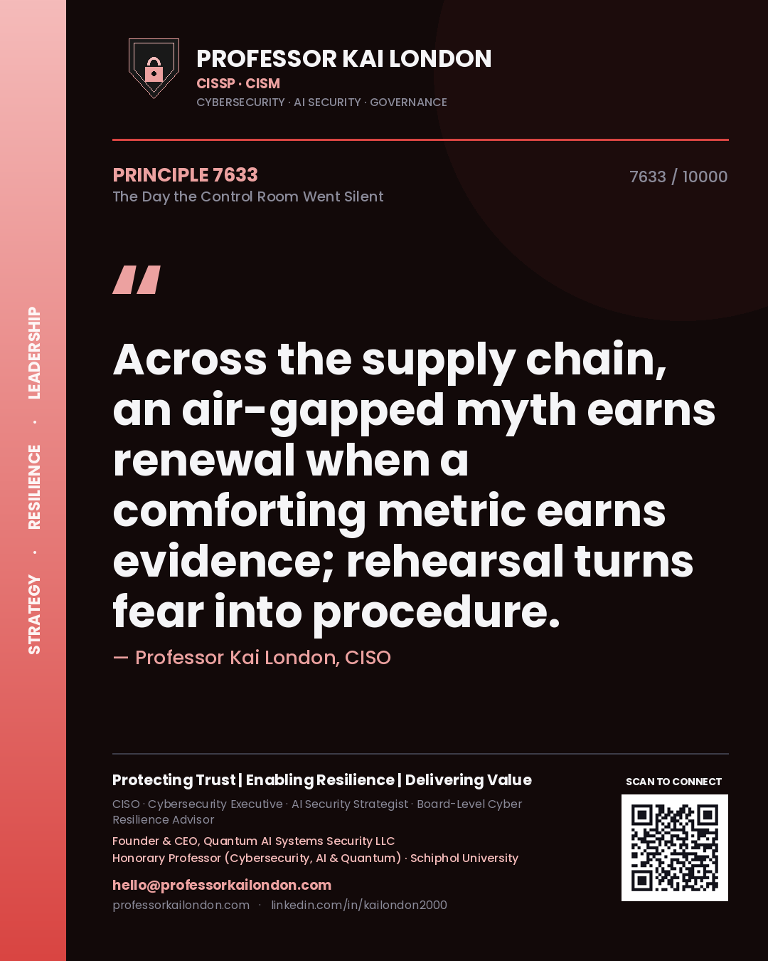Professor Kai London principle 7633: Across the supply chain, an air-gapped myth earns renewal when a comforting metric earns evidence; rehearsal turns fear into procedure.