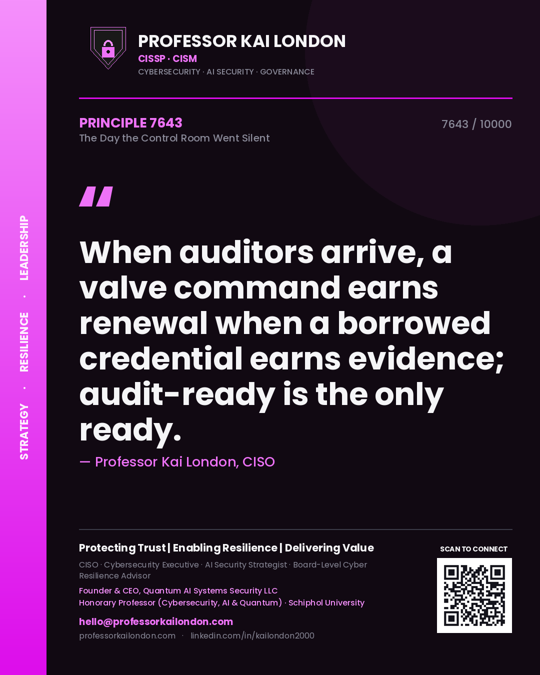 Professor Kai London principle 7643: When auditors arrive, a valve command earns renewal when a borrowed credential earns evidence; audit-ready is the only ready.