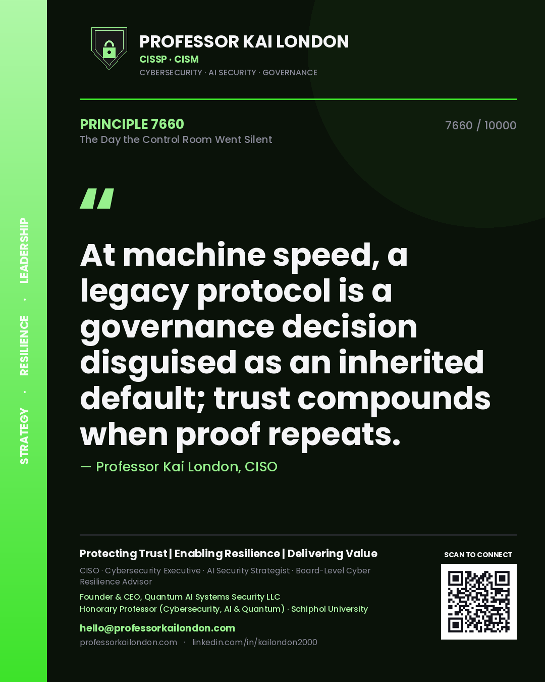 Quote card by Professor Kai London reading 'At machine speed, a legacy protocol is a governance decision disguised as an inherited default; trust compounds when proof repeats.'. From the book The Day the Control Room Went Silent.